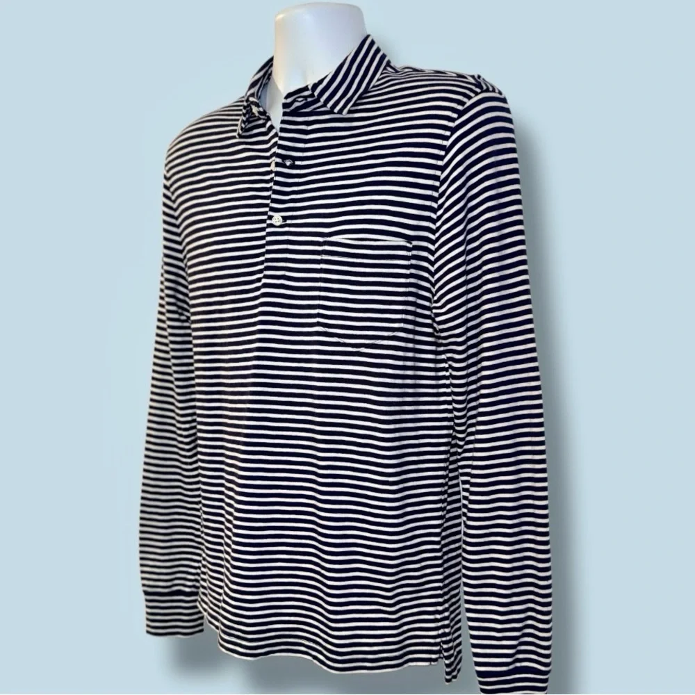 J.Crew Men’s Long Sleeve Slub Cotton Polo Shirt Navy White Striped – Size M